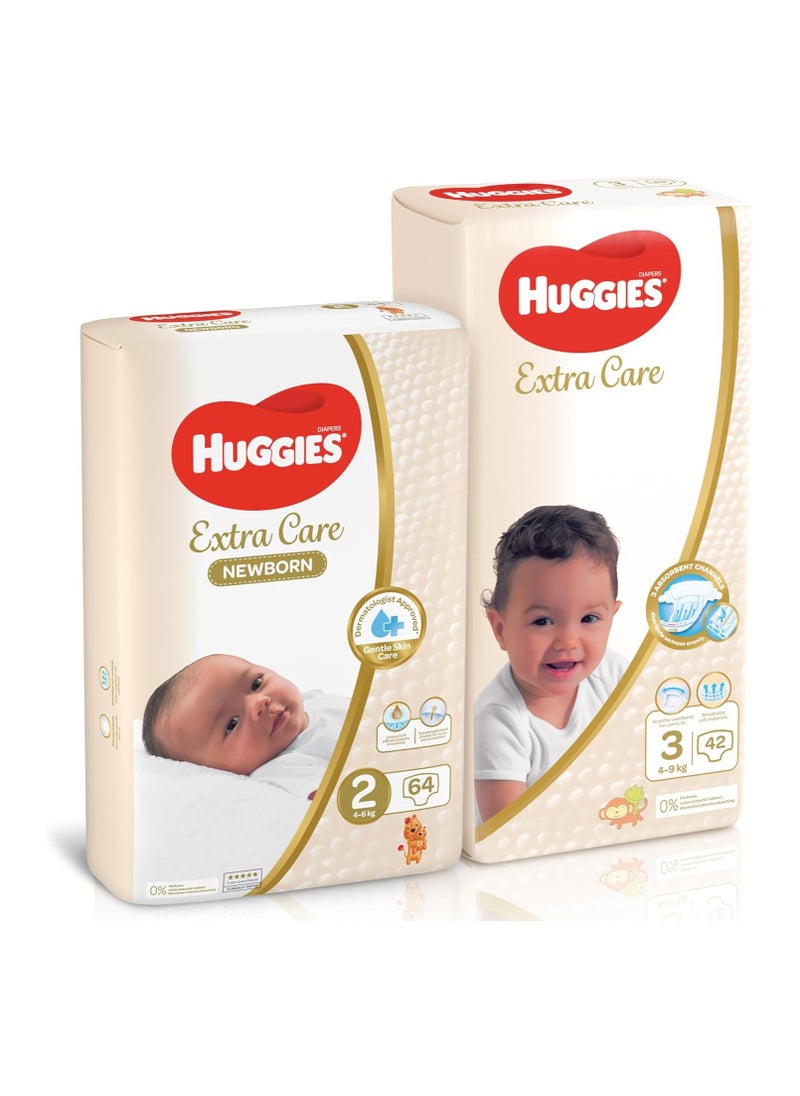 Huggies Extra Care Upsize Pack (Size 2-64 Diapers) and (Size 3-42 Diapers)-128 Diapers  - Image 2