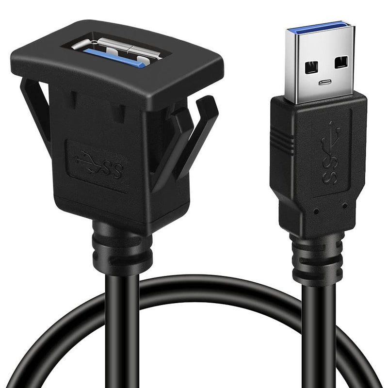 BATIGE Square Single Port USB 3.0 Panel Flush Mount Extension Cable with Buckle for Car Truck Boat Motorcycle Dashboard 3ft - Image 1