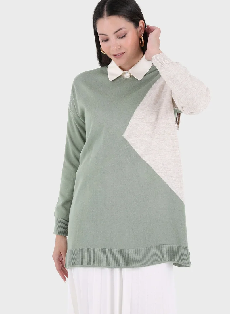 Tavin by Modanisa Contrast Detail Knitted Sweater