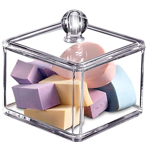 SheeChung Modern Square Qtip Holder Acrylic Bathroom Vanity Countertop Storage Organizer Canister Jar for Cotton Swabs, Rounds, Balls, Makeup Sponges, Bath Salts - 1 Pack - Clear - Image 4
