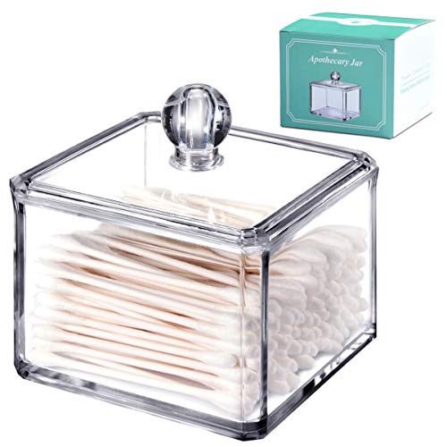SheeChung Modern Square Qtip Holder Acrylic Bathroom Vanity Countertop Storage Organizer Canister Jar for Cotton Swabs, Rounds, Balls, Makeup Sponges, Bath Salts - 1 Pack - Clear - Image 1