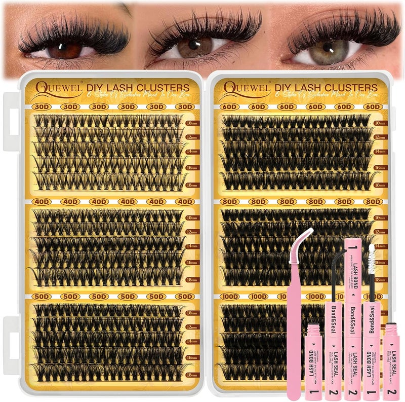QUEWEL Individual Eyelashes Kit 580PCS Cluster Lashes with Lash Glue and Tweezer D Curve Eyelash Extensions Kit for DIY at Home Mixed 1018mm Easy for Beginners Lash book Kit