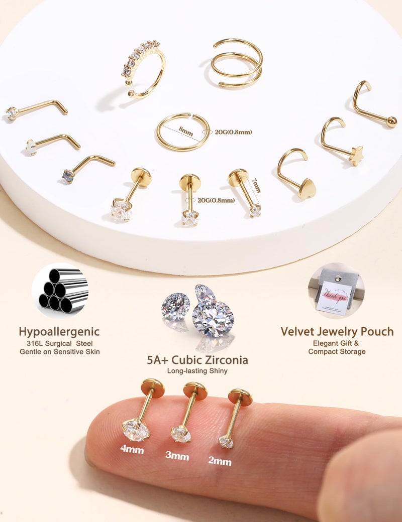 JeryWe Nose Rings for Women - 14K Gold Filled Hypoallergenic Surgical Steel Nose Ring Hoops CZ Lip Ring Screw L Shaped Studs Threadless Flat Back Stud Nose Piercings Jewelry for Women Men AB CZ - Image 3