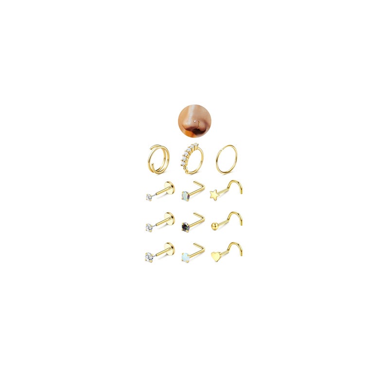 JeryWe Nose Rings for Women - 14K Gold Filled Hypoallergenic Surgical Steel Nose Ring Hoops CZ Lip Ring Screw L Shaped Studs Threadless Flat Back Stud Nose Piercings Jewelry for Women Men AB CZ - Image 1