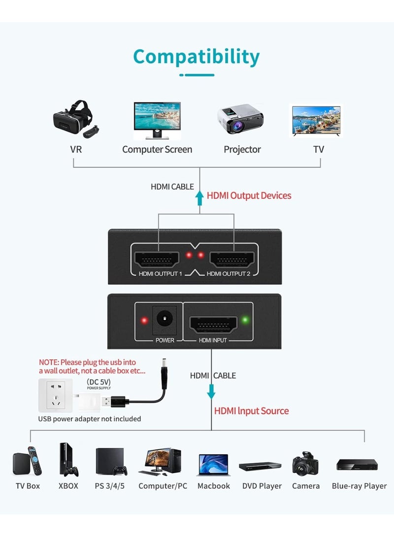 Seayoo HDMI Splitter 1 in 2 out, 4K Splitter for 2 Monitors, Multi HDMI Adapter for PC, Laptop, HDTV, Projector, 1 Input 2 Outputs, No Extension - Image 4