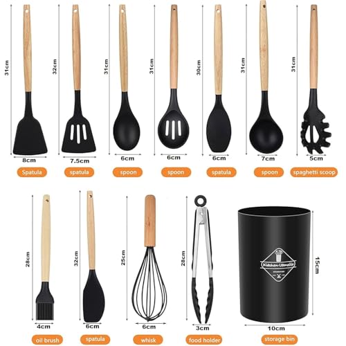HaRvic 12pcs Silicone Cooking Utensils Set Silicone Kitchen Spatula for Cooking, Kitchen Utensil Spatula Set Wooden Handles and Holder BPA Free Gadgets for Non-Stick Cookware (Black) - Image 2
