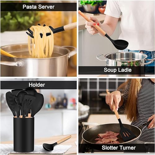 HaRvic 12pcs Silicone Cooking Utensils Set Silicone Kitchen Spatula for Cooking, Kitchen Utensil Spatula Set Wooden Handles and Holder BPA Free Gadgets for Non-Stick Cookware (Black) - Image 5