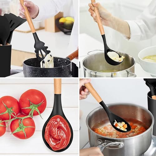HaRvic 12pcs Silicone Cooking Utensils Set Silicone Kitchen Spatula for Cooking, Kitchen Utensil Spatula Set Wooden Handles and Holder BPA Free Gadgets for Non-Stick Cookware (Black) - Image 3