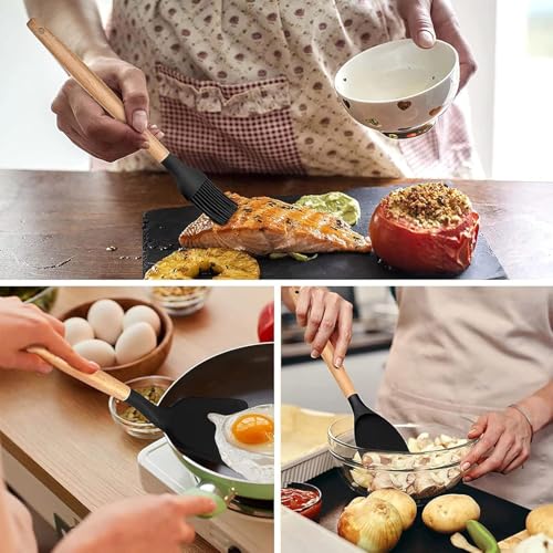 HaRvic 12pcs Silicone Cooking Utensils Set Silicone Kitchen Spatula for Cooking, Kitchen Utensil Spatula Set Wooden Handles and Holder BPA Free Gadgets for Non-Stick Cookware (Black) - Image 4