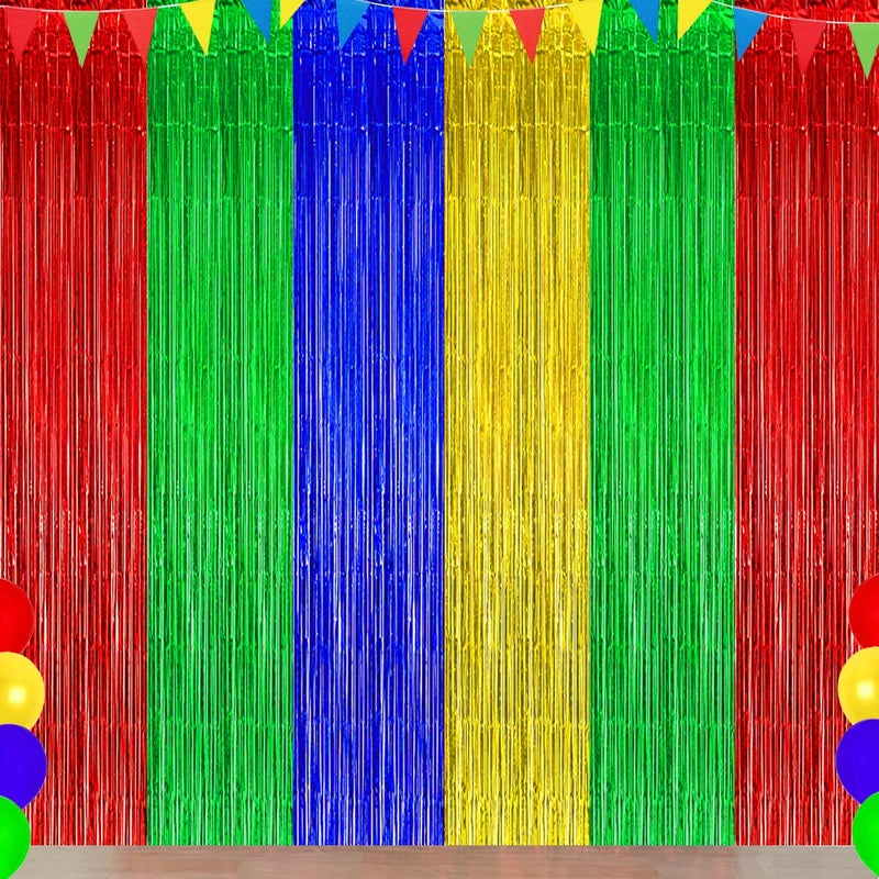 Asonlye Blue Red Green Yellow Party Decorations, Blue Red Green Yellow Foil Fringe Backdrops Streamer Tinsel Curtains for Graduation Boys Girls Birthday Baby Shower Party Decor (3Pack) - Image 1