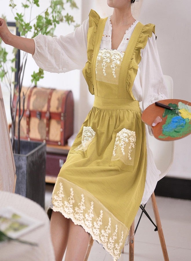 Aoomzoon Vintage Aprons for Women with Pockets Cute Lace Ruffle Adjustable Apron for Cooking Kitchen Baking Gardening, Lemon Yellow, M - Image 3