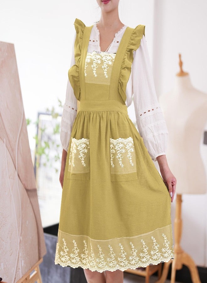 Aoomzoon Vintage Aprons for Women with Pockets Cute Lace Ruffle Adjustable Apron for Cooking Kitchen Baking Gardening, Lemon Yellow, M - Image 2