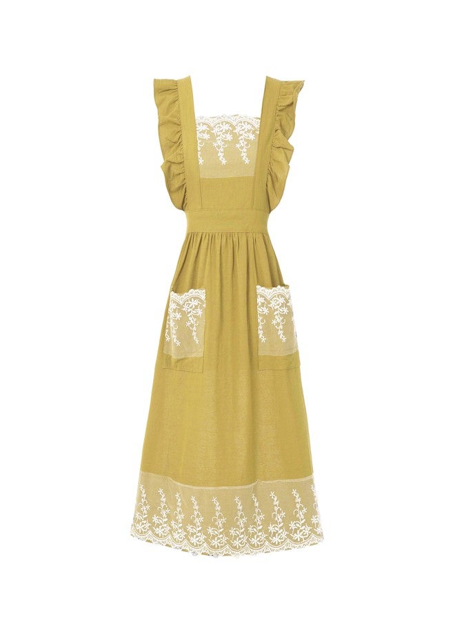 Aoomzoon Vintage Aprons for Women with Pockets Cute Lace Ruffle Adjustable Apron for Cooking Kitchen Baking Gardening, Lemon Yellow, M - Image 1