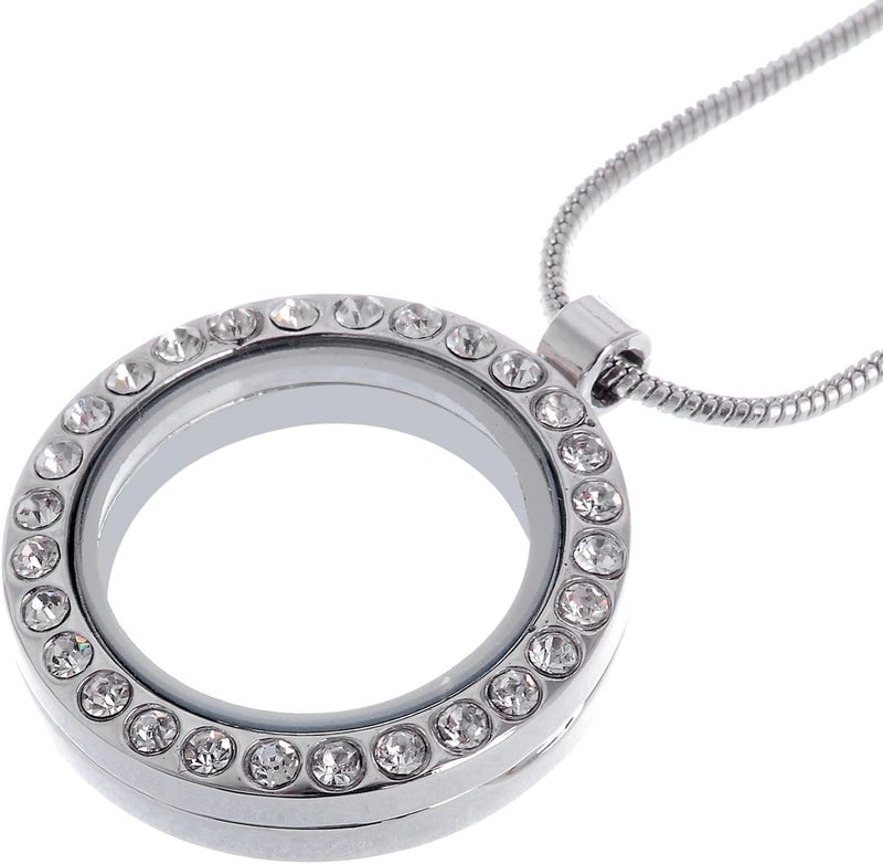 RUBYCA Living Memory Round Locket Snake Chain Necklace Crystal Floating Charm DIY Silver Tone 5Pcs - Image 2