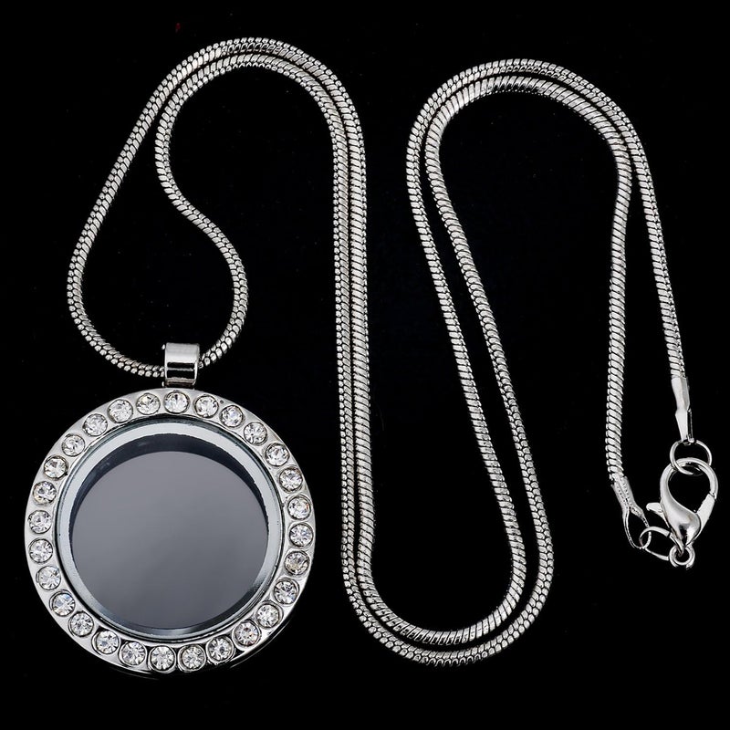 RUBYCA Living Memory Round Locket Snake Chain Necklace Crystal Floating Charm DIY Silver Tone 5Pcs - Image 4