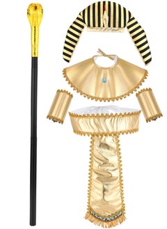 Egyptian Pharaoh Costume Cosplay Set, 5 Pcs Men Egyptian Costume for Masquerade Ball & Cosplay Party, Included Pharaoh Hat Egyptian Headpiece, Cuffs, Cobra King Cane, Egyptian Belt, Pharaoh Collar