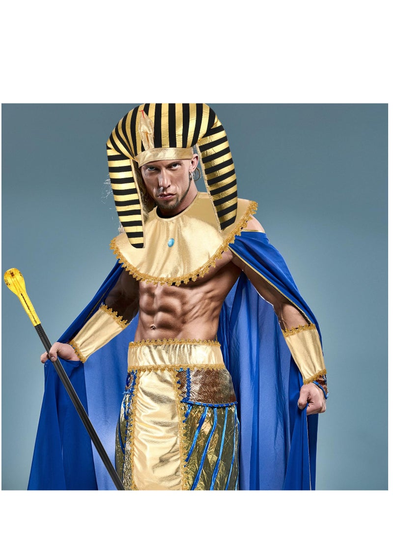 SYOSI - Egyptian Pharaoh Costume Cosplay Set, 5 Pcs Men Egyptian Costume for Masquerade Ball & Cosplay Party, Included Pharaoh Hat Egyptian Headpiece, Cuffs, Cobra King Cane, Egyptian Belt, Pharaoh Collar - Image 1