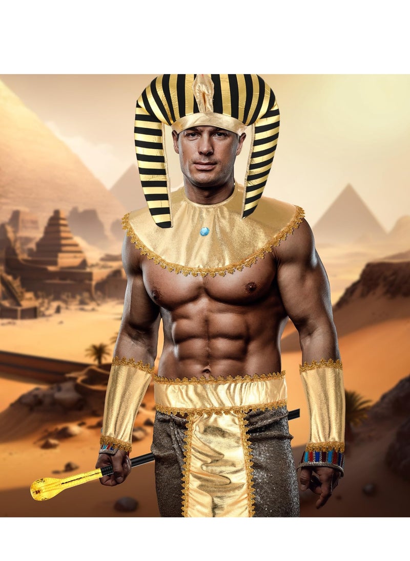SYOSI - Egyptian Pharaoh Costume Cosplay Set, 5 Pcs Men Egyptian Costume for Masquerade Ball & Cosplay Party, Included Pharaoh Hat Egyptian Headpiece, Cuffs, Cobra King Cane, Egyptian Belt, Pharaoh Collar - Image 1