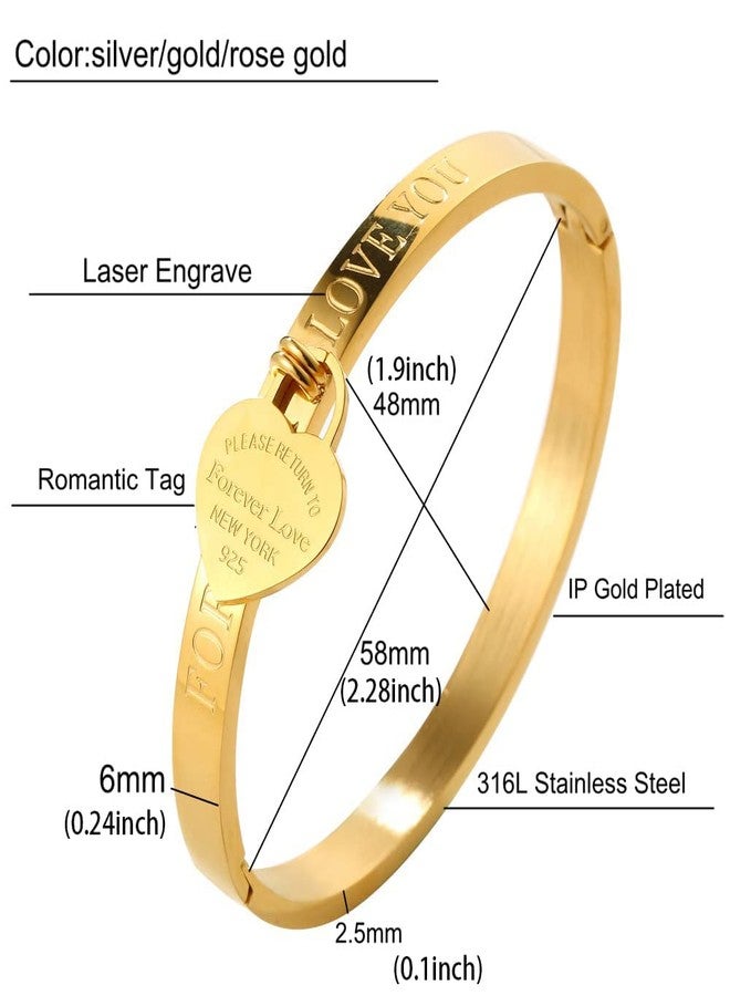 JINHUI Gold Bangles Bracelets for Women, Love Heart Dangle Charm Dainty Women’s Bangles Bracelets Hollow out 18K Plated Engraved Stainless Steel 6.5” (gold) - Image 3