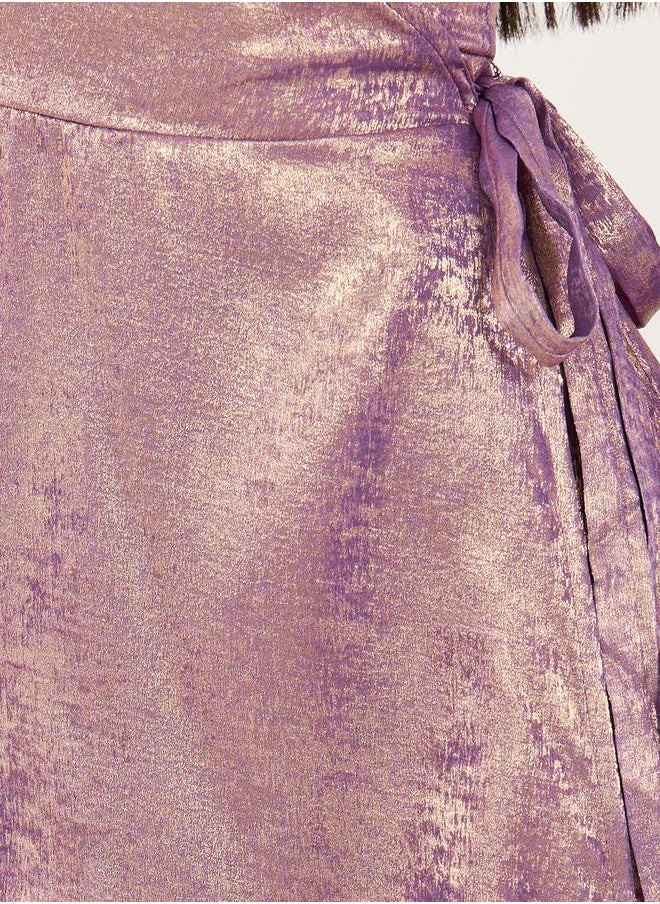 Styli - Foil Print Long Sleeves Wrap Midi Dress - Image 1