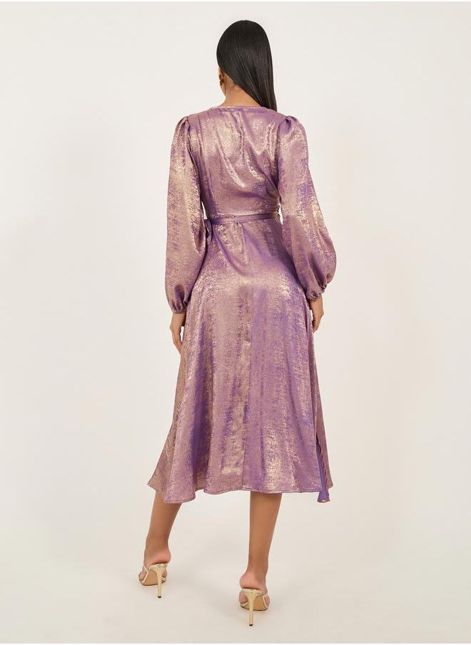 Styli - Foil Print Long Sleeves Wrap Midi Dress - Image 1
