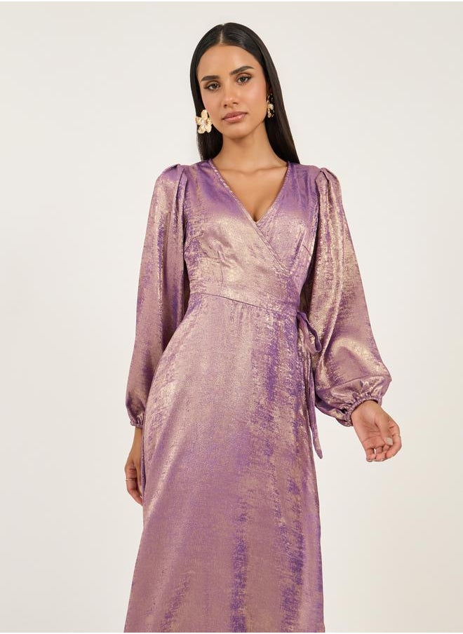 Styli - Foil Print Long Sleeves Wrap Midi Dress - Image 1