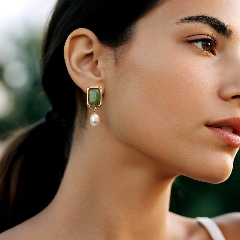 Sonateomber Gold Vintage Gemstone Dangle Drop Earrings for Women,Chunky Statement Pearl Square Green Aventurine Natural Healing Dangling Earings Prom Wedding Accessories Fashion Jewelry Gift - Image 2