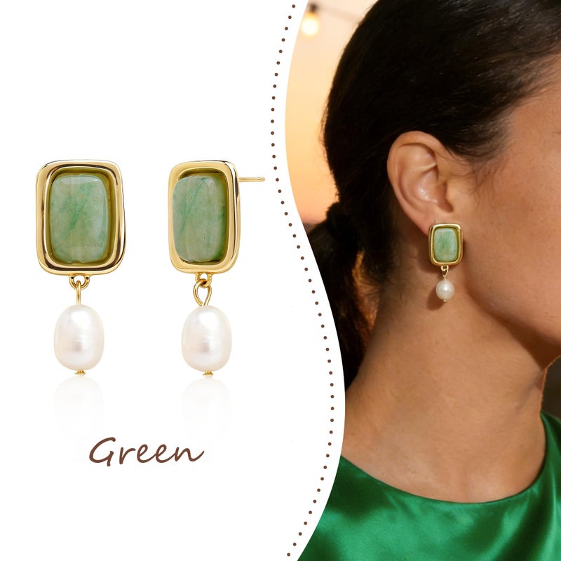 Sonateomber Gold Vintage Gemstone Dangle Drop Earrings for Women,Chunky Statement Pearl Square Green Aventurine Natural Healing Dangling Earings Prom Wedding Accessories Fashion Jewelry Gift - Image 4