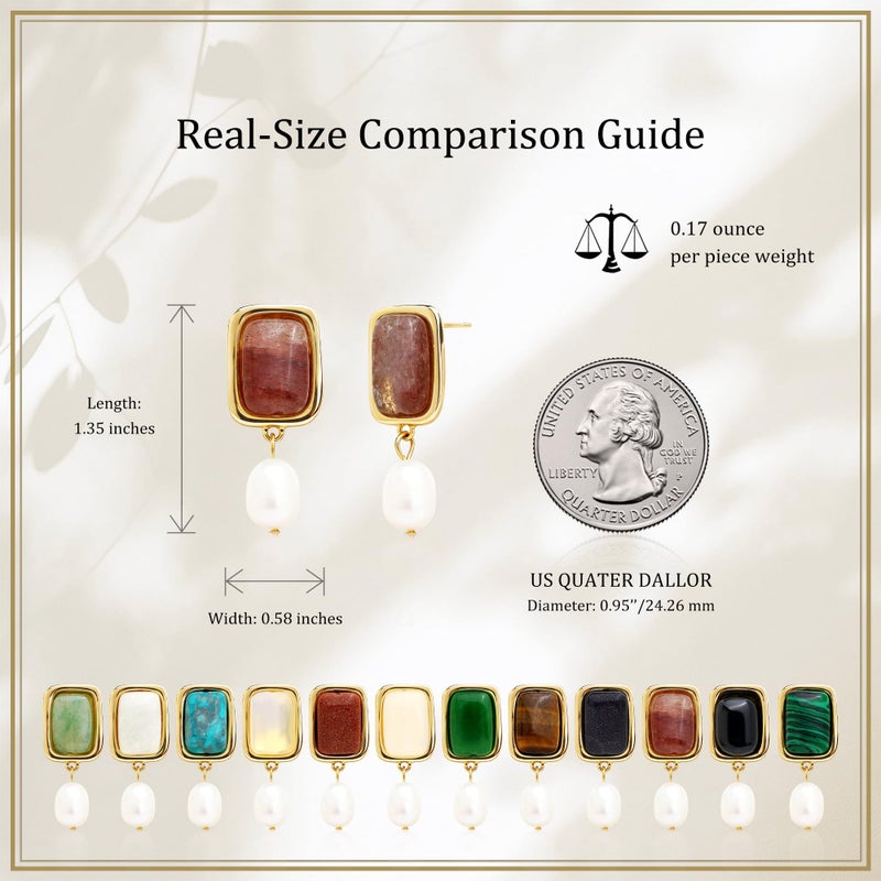 Sonateomber Gold Vintage Gemstone Dangle Drop Earrings for Women,Chunky Statement Pearl Square Green Aventurine Natural Healing Dangling Earings Prom Wedding Accessories Fashion Jewelry Gift - Image 5