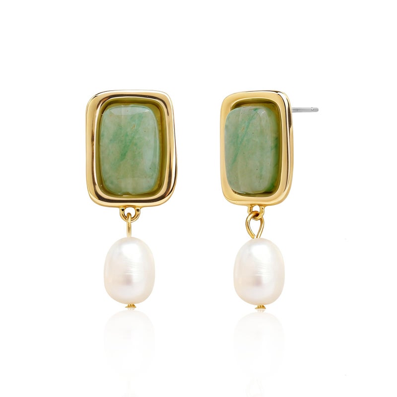 Sonateomber Gold Vintage Gemstone Dangle Drop Earrings for Women,Chunky Statement Pearl Square Green Aventurine Natural Healing Dangling Earings Prom Wedding Accessories Fashion Jewelry Gift - Image 1