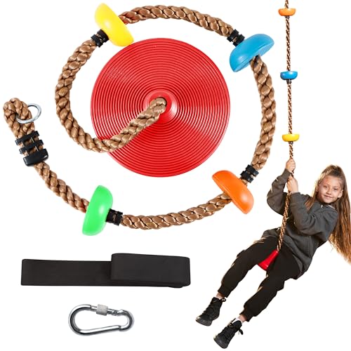 TURFEE Tree Swing for Kids Single Disk 6 Ft Outdoor Climbing Rope Carabiner 4 Ft Tree Strap Playground Accessories MultiColored Disc Swing SeatRed - Image 1