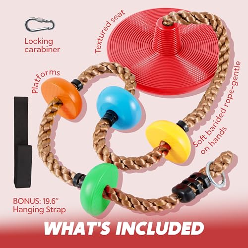 TURFEE Tree Swing for Kids Single Disk 6 Ft Outdoor Climbing Rope Carabiner 4 Ft Tree Strap Playground Accessories MultiColored Disc Swing SeatRed - Image 5