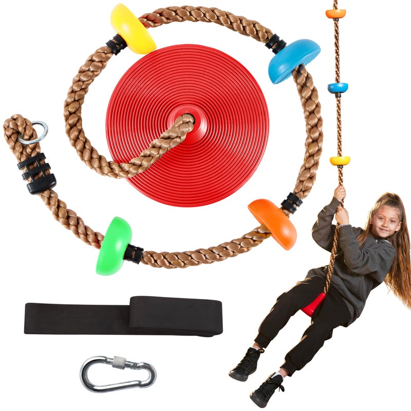 TURFEE Tree Swing for Kids Single Disk 6 Ft Outdoor Climbing Rope Carabiner 4 Ft Tree Strap Playground Accessories MultiColored Disc Swing SeatRed - Image 4
