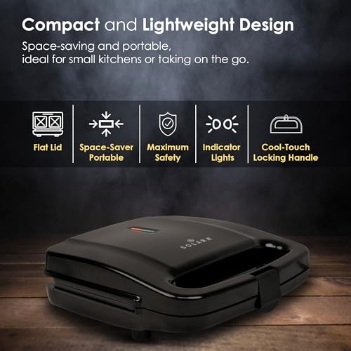 SOLARA Toaster Sandwich Maker Electric, 700 Watts Non Stick Bread Toaster 4 slices with Fixed Plates, Auto Cut Off, Easy Clean, Power Indicators, Compact Storage, Buckle Clip Handle - Black - Image 2