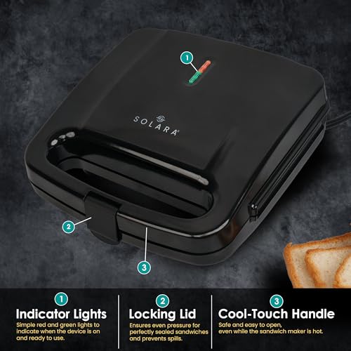 SOLARA Toaster Sandwich Maker Electric, 700 Watts Non Stick Bread Toaster 4 slices with Fixed Plates, Auto Cut Off, Easy Clean, Power Indicators, Compact Storage, Buckle Clip Handle - Black - Image 3