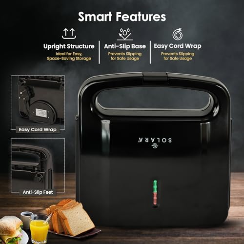 SOLARA Toaster Sandwich Maker Electric, 700 Watts Non Stick Bread Toaster 4 slices with Fixed Plates, Auto Cut Off, Easy Clean, Power Indicators, Compact Storage, Buckle Clip Handle - Black - Image 4