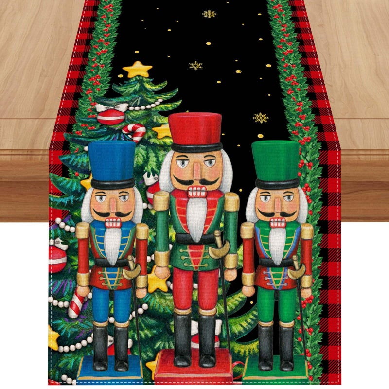 Linen Nutcracker Christmas Table Runner 72 Inches Long Nutcracker Christmas Decor Farmhouse Christmas Xmas Winter Holiday Home Kitchen Dining Room Table Decorations