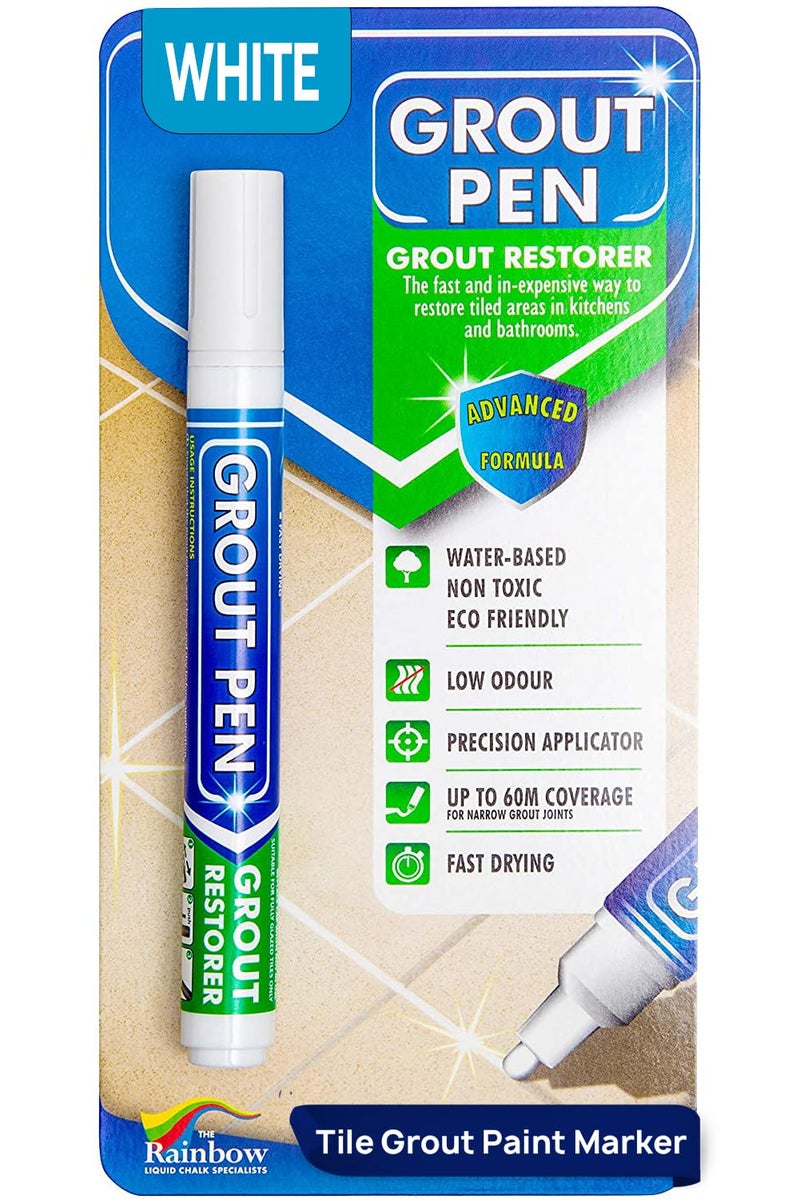 RAINBOW CHALK MARKERS LTD Grout Pen White Tile Paint Marker: Waterproof Grout Paint, Tile Grout Colorant and Sealer Pen - White, Narrow 5mm Tip (7mL) - Image 1