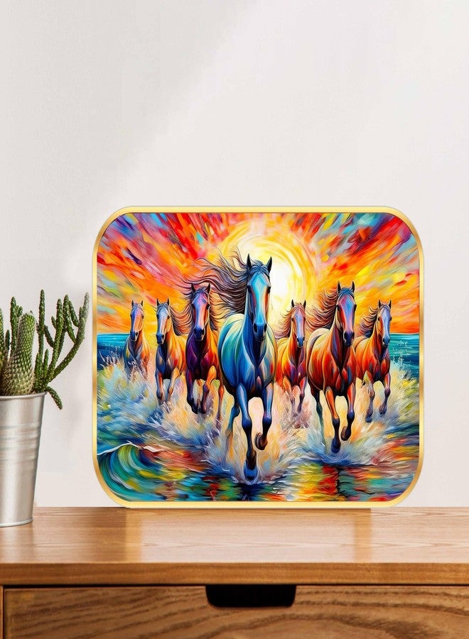 wallpics Running Horses Wall Painting, 7 Horses at Sunrise, Golden Round Frame with sparkel lamination, Living Room Wall Decor (12 x 18 inch) - Image 3