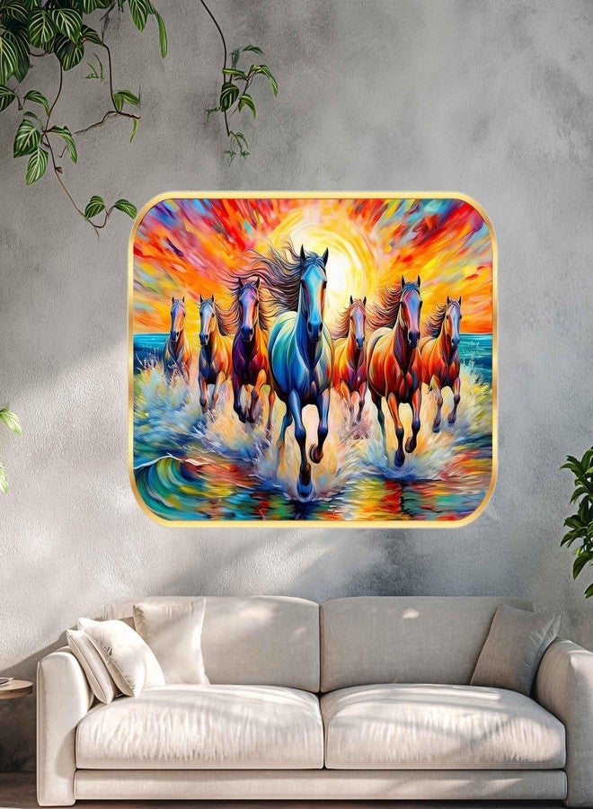wallpics Running Horses Wall Painting, 7 Horses at Sunrise, Golden Round Frame with sparkel lamination, Living Room Wall Decor (12 x 18 inch) - Image 5