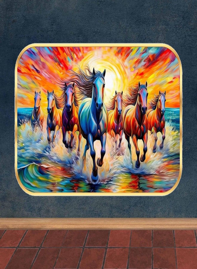 wallpics Running Horses Wall Painting, 7 Horses at Sunrise, Golden Round Frame with sparkel lamination, Living Room Wall Decor (12 x 18 inch) - Image 4