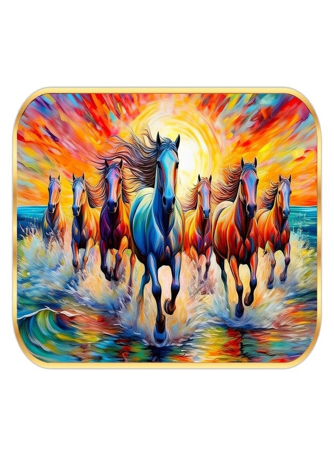 wallpics Running Horses Wall Painting, 7 Horses at Sunrise, Golden Round Frame with sparkel lamination, Living Room Wall Decor (12 x 18 inch) - Image 1
