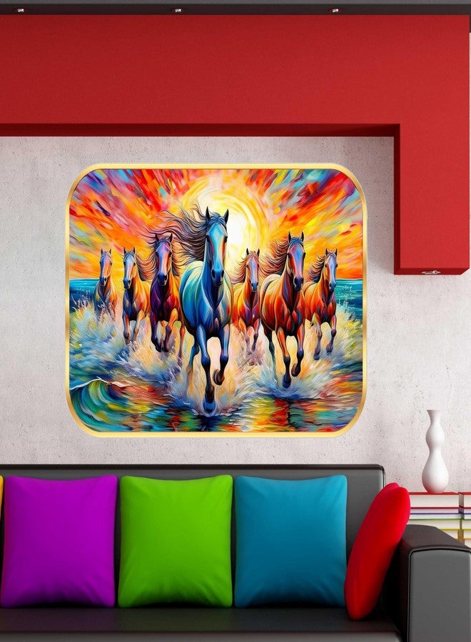 wallpics Running Horses Wall Painting, 7 Horses at Sunrise, Golden Round Frame with sparkel lamination, Living Room Wall Decor (12 x 18 inch) - Image 2
