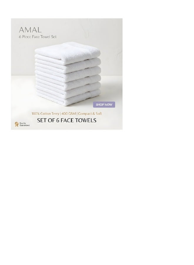 Amal 6 Piece Face Towel Set - 400 GSM 100% Cotton White - Highly Absorbent - Image 1
