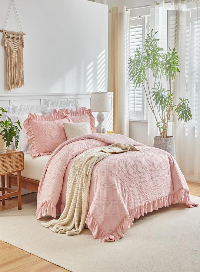 Flysheep Tufted Ruffle Comforter Set Full/Queen Size, 3 Piece Blush Pink Ruffled Farmhouse Comforters, Luxury Solid Color Soft and Embroidery Shabby Chic Boho Bohemian Bedding Set (1 Comforter + 2 Pillowcases) - Image 2