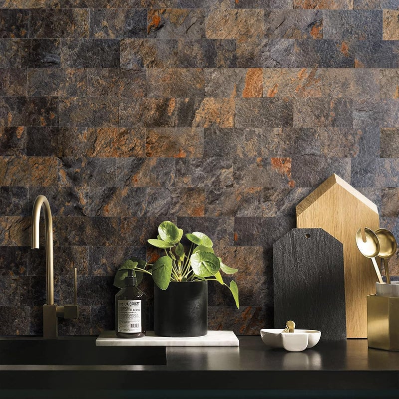 AULIGET 100 Piece Rust Slate Peel and Stick Backsplash Wall Tiles  3"" x 6"" PVC Faux Stone Stick on Tiles for Backsplash Kitchen  Bathroom  Laundry Room  Camper  Fireplace - Image 2