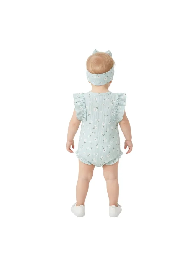 Bambimici Toddler Girl Cotton Blue Romper with Headband – 2-Piece Ruffle Bodysuit Set