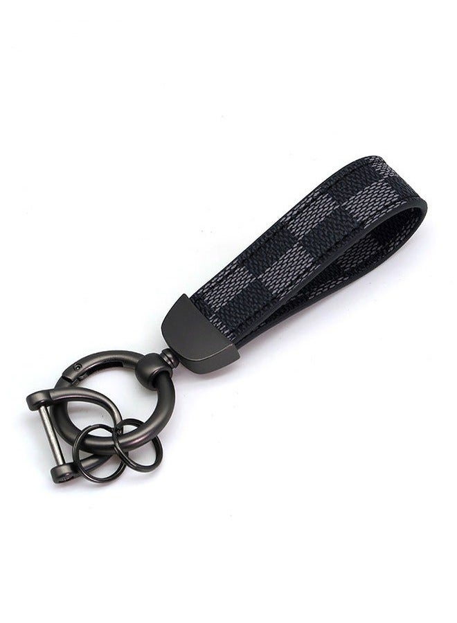 Generic Car PU Leather Metal Keychain - Plaid Leather Zinc Alloy Ring 360° Rotating - Car Universal Wrist Band - Key School Bag Car Decoration Pendant - Black/Send a Screwdriver  - Image 1