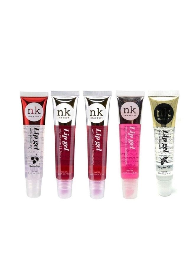Nicka K New York 5 PACK NK Lip Gel with Vitamin E Bubble Gum, Argan, Strawberry, Cherry and Rosehip Lip Gloss - Image 1