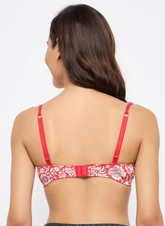 Clovia Clovia Padded Non-Wired Full Cup Floral Print T-shirt Bra in Light Red